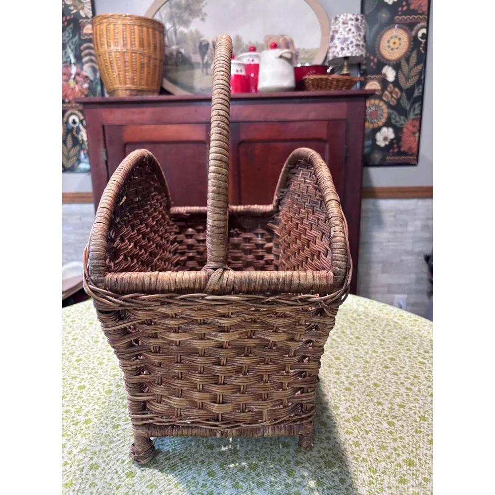 Vintage Woven Wicker Magazine Rack Basket with Handle Brown Rustic Farmhouse